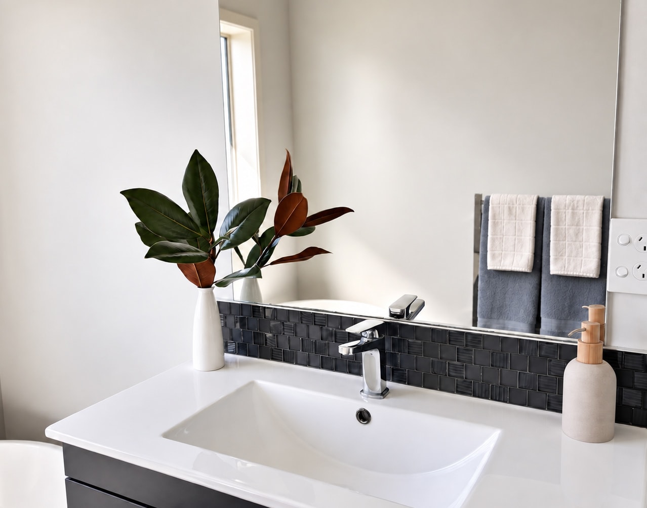 Bathroom vanity with a potted plant on the bench